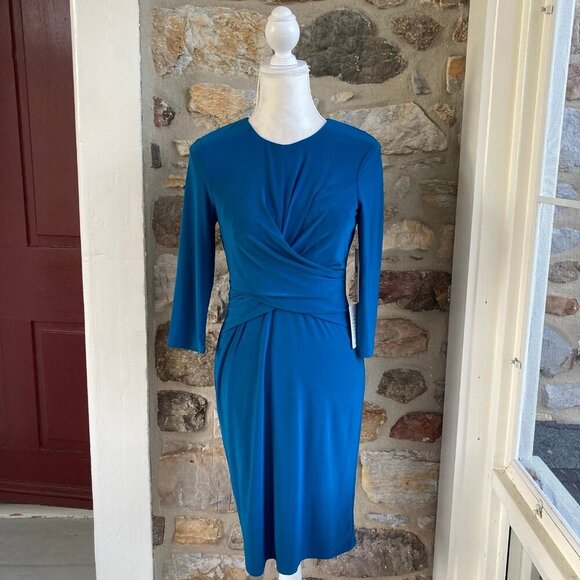 NWT Eliza J Faux Wrap Ruched Jersey Sheath Midi Dress $118 Womens 6 - Picture 4 of 12